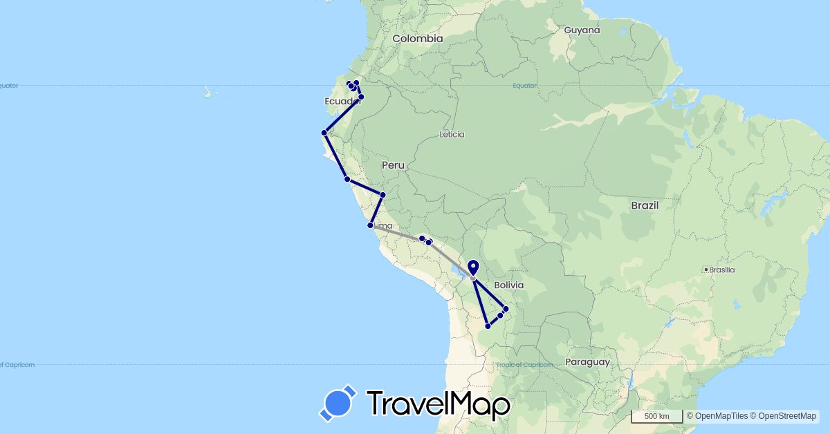 TravelMap itinerary: driving, plane in Bolivia, Ecuador, Peru (South America)